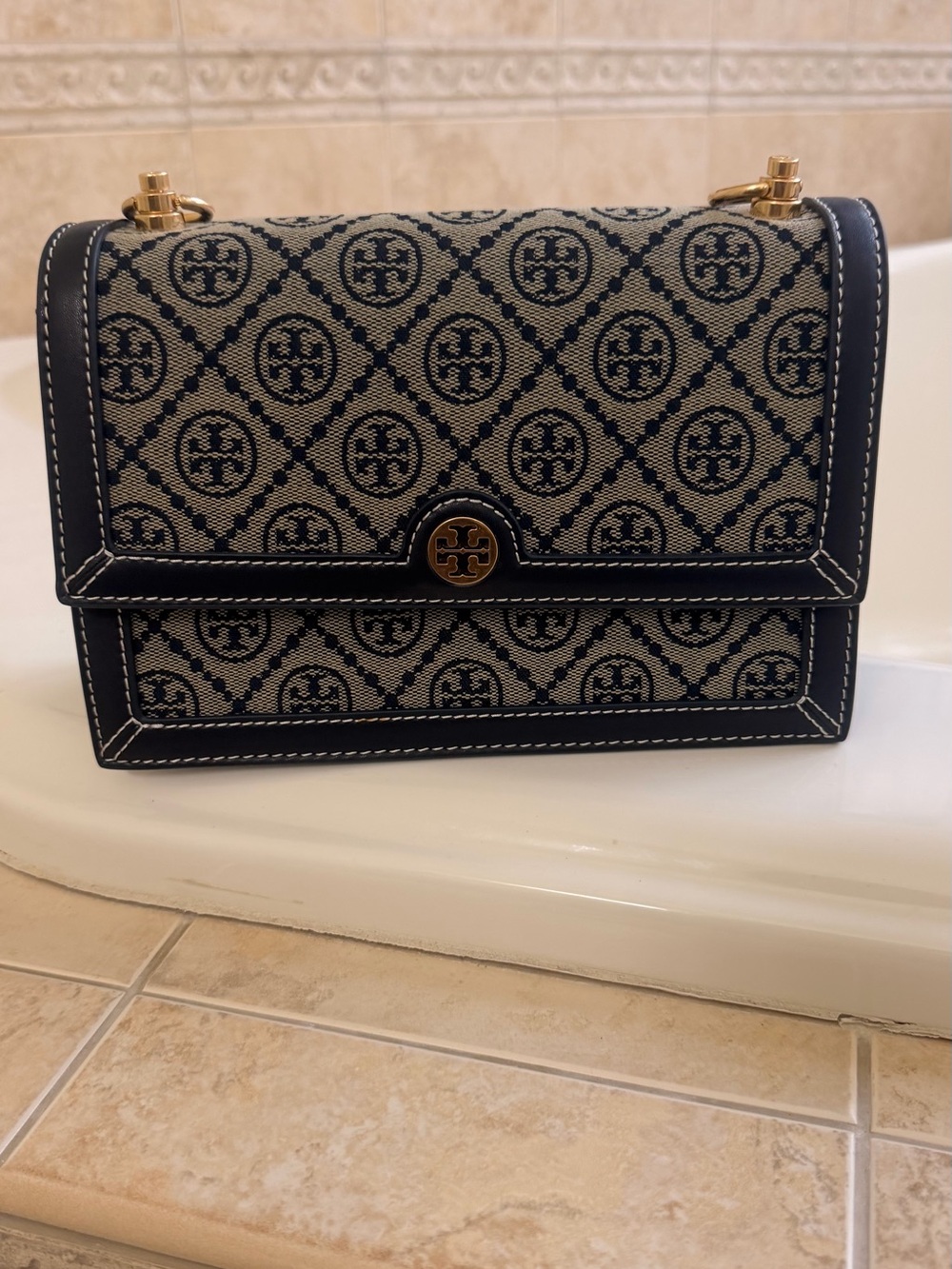 Tory Burch Navy and Cream Logo Jacquard Shoulder Bag